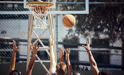 Buy stock photo Basketball, sports and fitness with friends on a court for sport, health and exercise outside during summer. Training, workout and recreation with a team of players playing a game or match outdoors