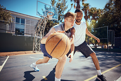 Buy stock photo Basketball, sport and fitness with friends on a sports court outside with an opponent for a game or match. Exercise, training and workout with with a male athlete and his competition for health