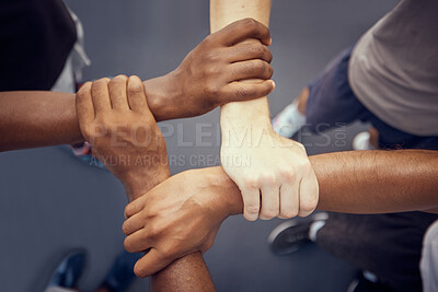 Buy stock photo Hands, teamwork solidarity and fitness motivation for athlete winning, joining and strong collaboration for support, target and goal above. Diversity, trust and group connect, celebrate and community