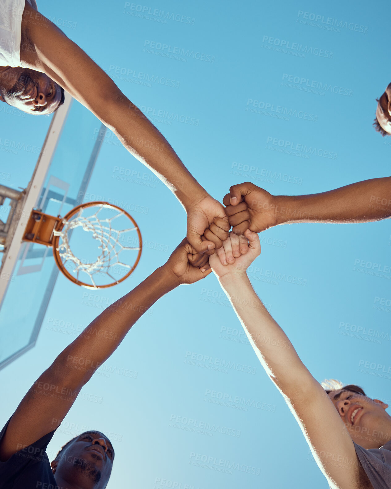 Buy stock photo Diversity and hands of basketball sports teamwork in solidarity and collaboration to win game at basketball court. Motivation, fitness and healthy athlete men or tournament training group of people