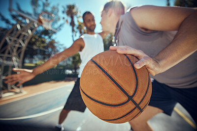 Buy stock photo Basketball, competitive sports and practice match with men, players or friends playing a game at an outdoor court. Athletes staying fit and enjoying leisure activity with a ball while trying to score