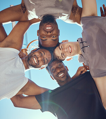 Buy stock photo Teamwork, diversity and basketball player huddle from bottom, together for fitness, game and sports strategy planning. Collaboration, community and motivation with basketball athlete in support 