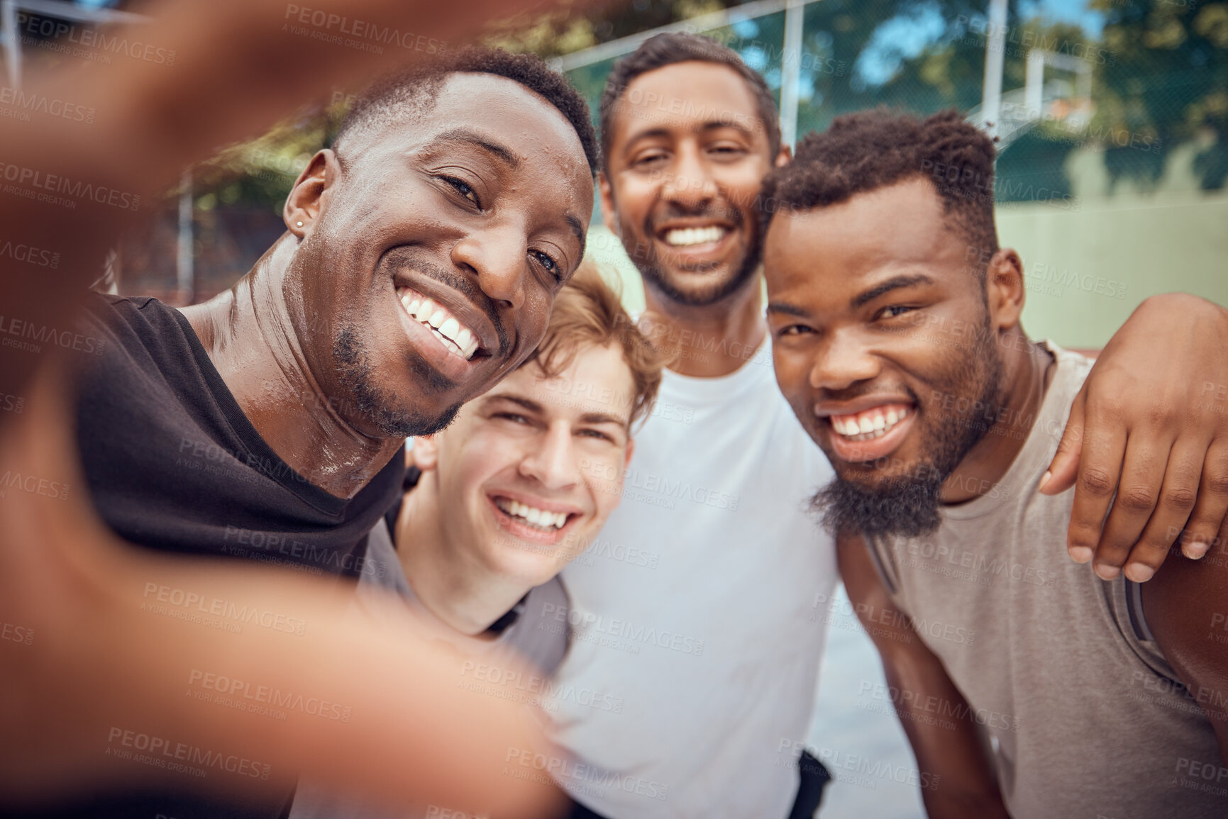 Buy stock photo Portrait selfie of basketball men with a smile and happy on a court outdoor after training, exercise or game. Diversity ,cheerful and sport group of fit male athletes together after cardio workout   