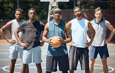 Buy stock photo Portrait of a sports basketball team training for a game on an outdoor professional court. Workout, athletes and healthy group of men preparing with exercise and fitness for match on a playing field.