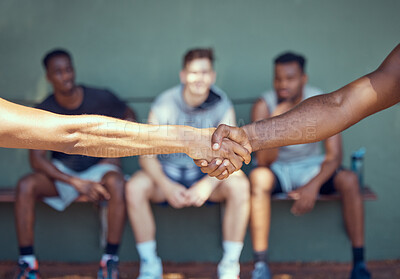 Buy stock photo Handshake, competition and men shaking hands to welcome, congratulations or say good luck before a sports game or match start. Respect, etiquette and closeup hands of players greeting or thank you