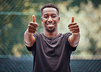 Sport thumbs up, sports man success and fitness support hands sign of a exercise athlete. Portrait of a person happy, smile and exercise goal motivation with a yes, thank you and winner gesture