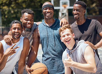 Buy stock photo Portrait, sports or basketball team at court training for a game, match or competition with a smile. Athletes, workout and diverse group photo of men playing sport for exercise, fitness and health.
