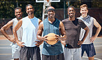 Portrait, basketball and team on sports court training for a competition, game or match with a smile. Workout, athletes and diverse picture of group playing sport for health, fitness and wellness.

