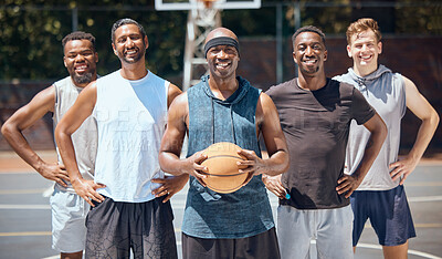 Buy stock photo Portrait, basketball and team on sports court training for a competition, game or match with a smile. Workout, athletes and diverse picture of group playing sport for health, fitness and wellness.

