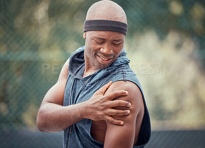 Buy stock photo Sports arm injury, black man massage exercise pain and emergency. First aid on muscle, fitness accident and holding bicep. Frustrated person, tennis ache and athlete stress from outdoor training