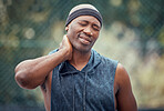Sports, injury and neck of black man in massage exercise pain and emergency in the outdoors. African man suffering from sore muscle, tension and joint inflammation in sport  fitness workout in nature
