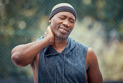 Buy stock photo Sports, injury and neck of black man in massage exercise pain and emergency in the outdoors. African man suffering from sore muscle, tension and joint inflammation in sport  fitness workout in nature