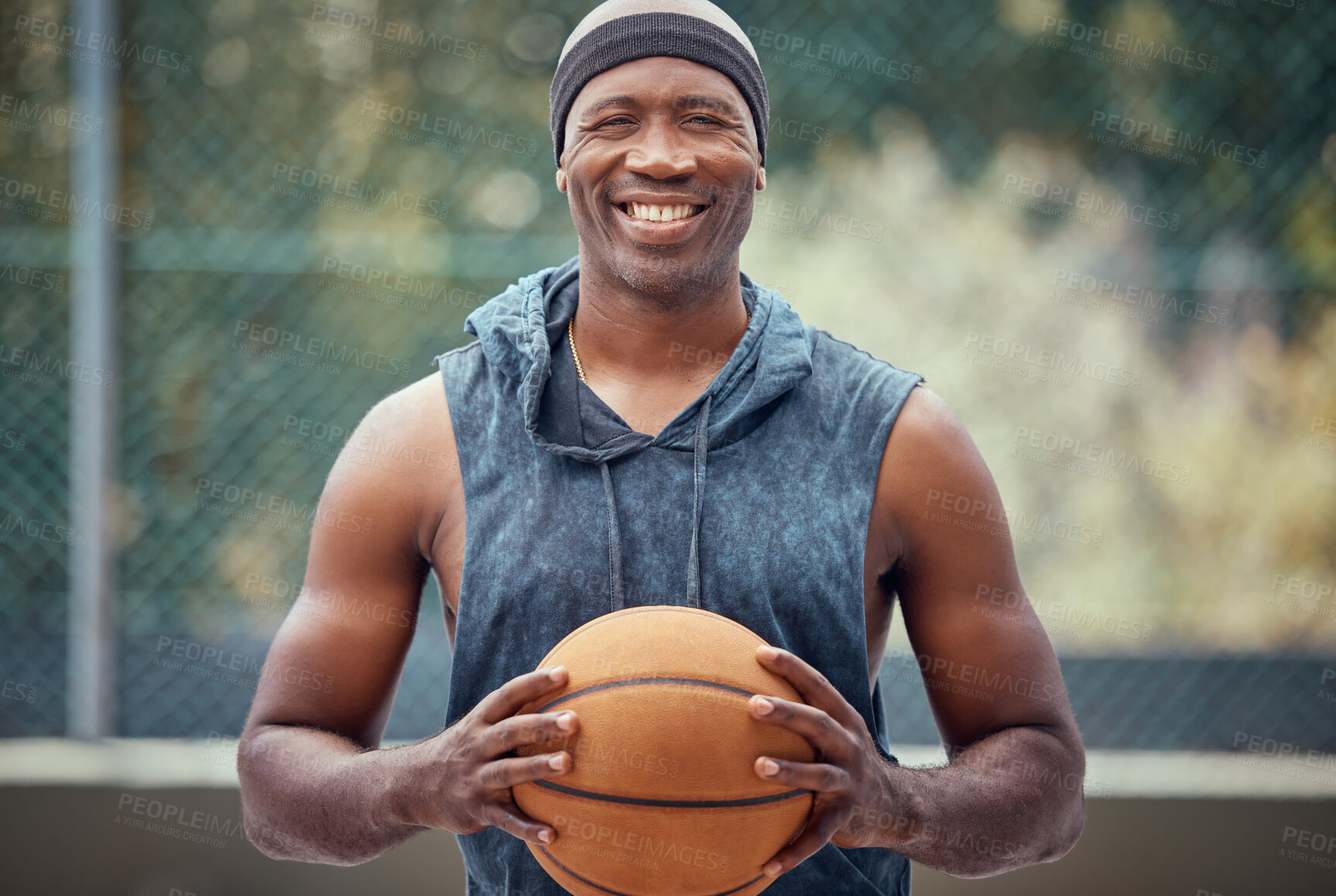 Buy stock photo Basketball, black man and smile portrait on court ready for a sports match game outside. African athlete excited to play a friendly tournament for fitness exercise and an active lifestyle.