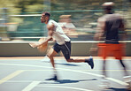 Sports, fitness and basketball man with energy running on the court for a cardio workout, training and exercise. Wellness, action and healthy black man or athlete playing an active game in summer
