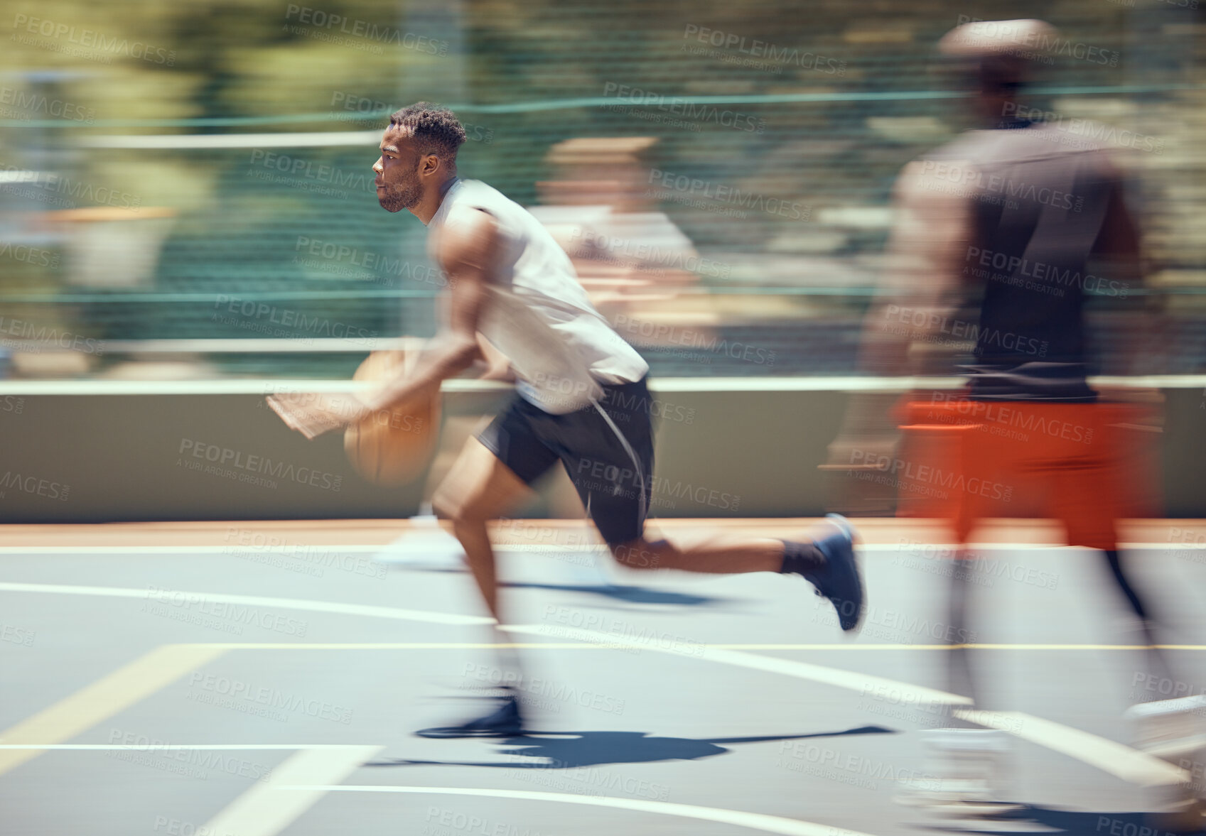Buy stock photo Sports, fitness and basketball man with energy running on the court for a cardio workout, training and exercise. Wellness, action or healthy black man or athlete in an active game in summer with blur