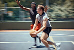 Fitness, diversity and friends in action on a basketball court training, exercise and playing together in summer. Motion, culture and healthy men running in a competitive sports match or game outdoor