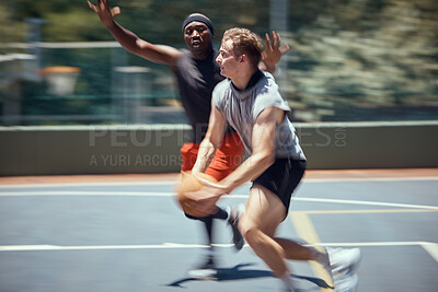 Buy stock photo Fitness, diversity and friends in action on a basketball court training, exercise and playing together in summer. Active, culture and healthy men running in a competitive sports match or game outdoor
