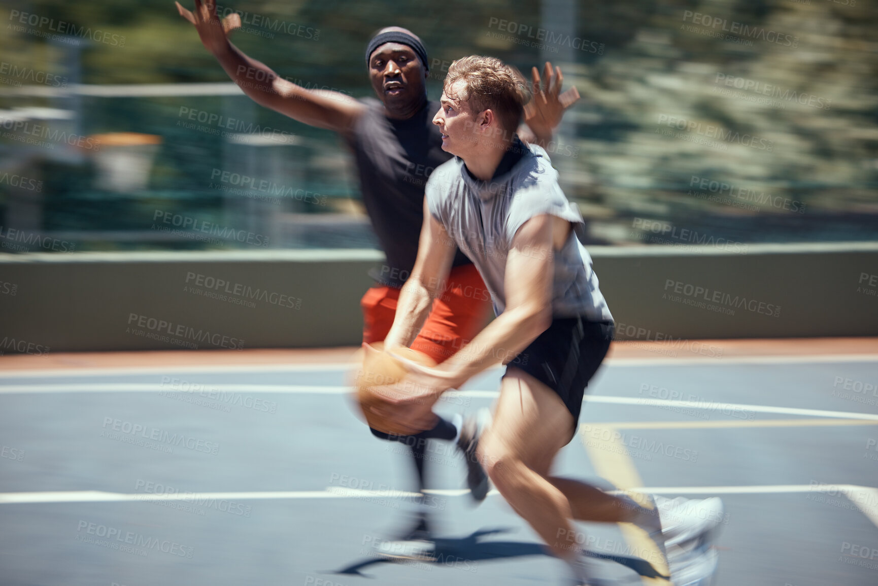 Buy stock photo Fitness, diversity and friends in action on a basketball court training, exercise and playing together in summer. Active, culture and healthy men running in a competitive sports match or game outdoor