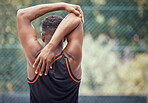 Sports, exercise and training with a man stretching to warmup for sport or fitness outside. Workout, healthy and performance with a male athlete getting ready to start a workout for health and cardio