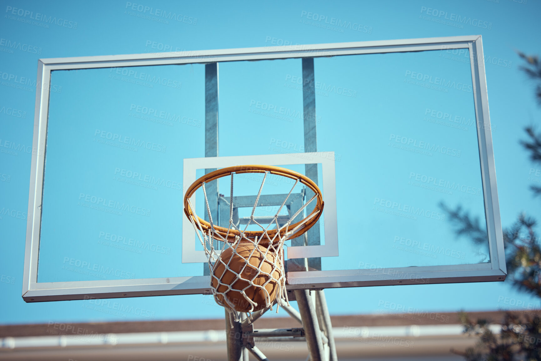 Buy stock photo Basketball court net, point score and sports playing game, competition and action match outdoor. Background hoop winning, goal target aim and shooting hoops skills training, hobby and fun performance