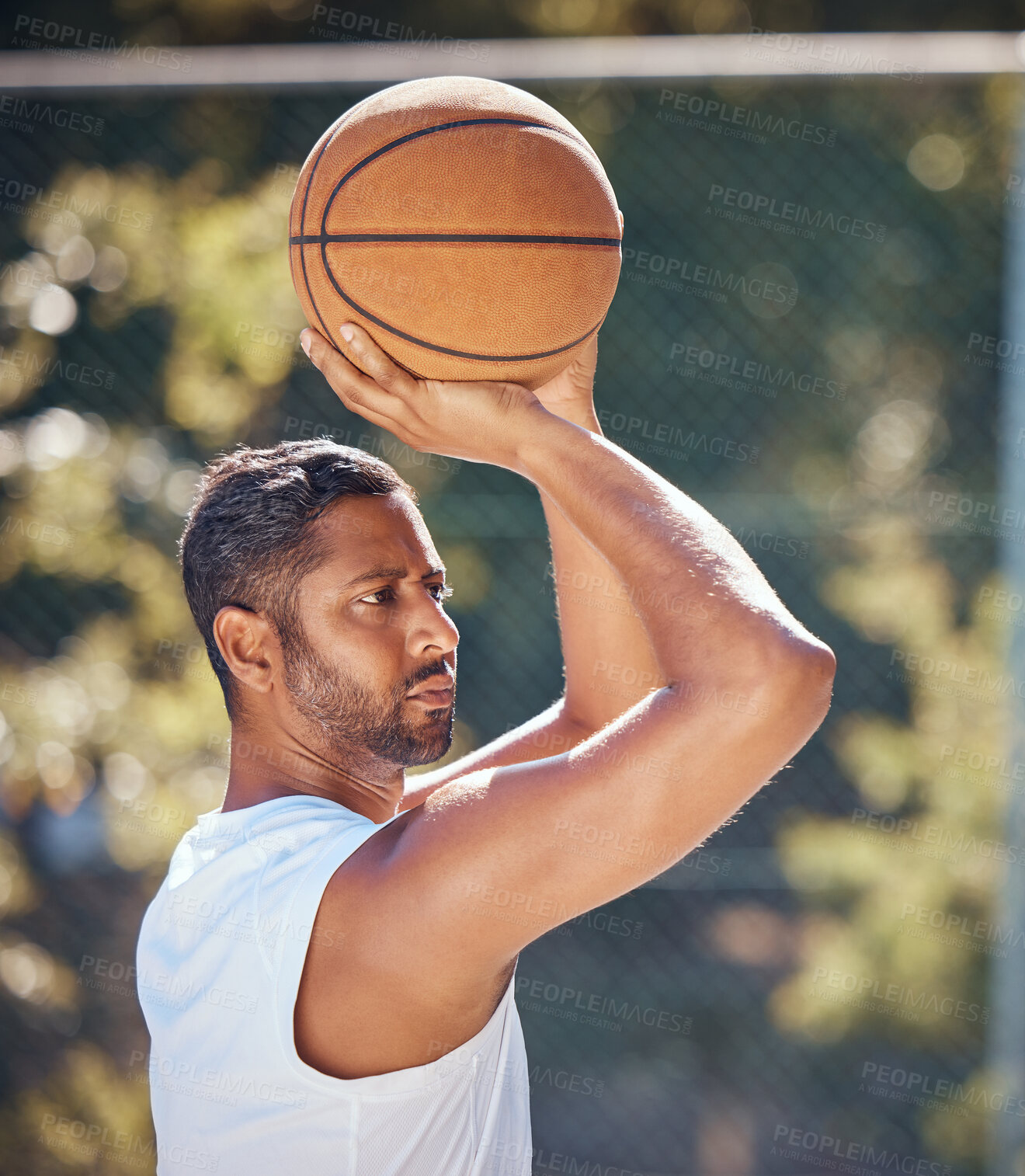 Buy stock photo Basketball player, sports and training with fitness man with ball ready to shoot or throw while playing at an outdoor court. Serious athlete doing exercise or active game for health and wellness