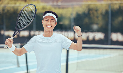 Buy stock photo Success, tennis court and winner portrait of man with excited fist after athletic match. Victory, achievement and celebration of asian sports person with happy and satisfied expression.