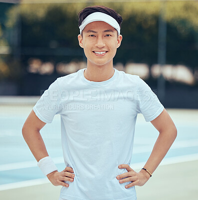 Buy stock photo Face portrait of tennis player training for competition on court, learning game of sports for fitness and sport exercise for health in summer. Asian and happy man and athlete ready for cardio workout