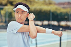 Tennis player stretching before game on court, training for professional sports competition and motivation for fitness sport performance during workout. Asian athlete at start of match at stadium