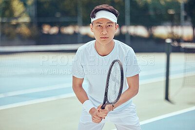 Buy stock photo Tennis, fitness and portrait of sports Asian man with training, exercise and workout in outdoor tennis court. Mindset, vision and wellness male ready for practice, training or match.