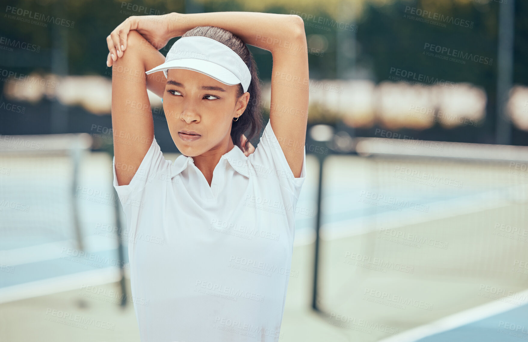 Buy stock photo Tennis player, athlete and serious woman doing stretching exercise to prepare for a match or game at an outdoor court.   Confident athletic female in sportswear for fitness and competitive training