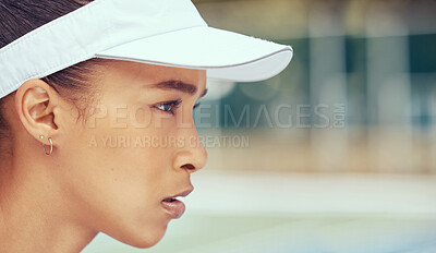 Buy stock photo Sports, fitness and woman on a tennis court ready to play a professional competitive game or match in summer. Portrait of a serious girl athlete thinking before training, exercise and cardio workout 