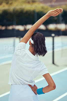 Buy stock photo Fitness, tennis and stretching of a woman in motivation for training, exercise and sports workout on a court. Active, athletic and fit female in sports arm stretch for game or match in the outdoors