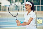 Athlete, training and woman tennis player with a racket practicing to play a game on a court. Happy, active and fitness girl in sports with a wellness, exercise and healthy lifestyle.