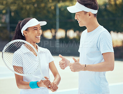Buy stock photo Thumbs up for success in tennis game, coach happy with winner in sports training and learning sport for competition with man on court. Trainer smile with champion athlete for motivation in class