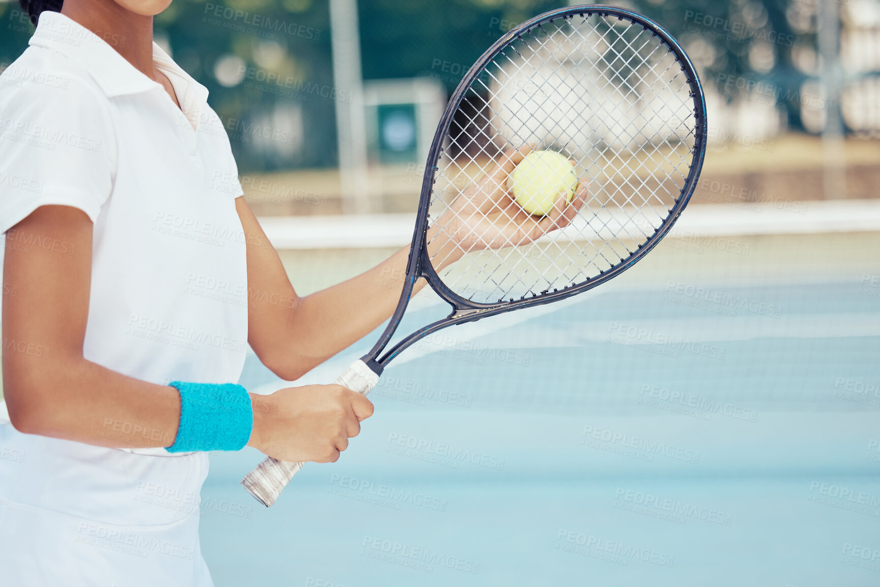 Buy stock photo Tennis ball, racket and woman ready to serve during training on sports court for fitness, exercise and health. Fit payer, competition and match with young female playing game for an active lifestyle