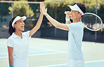 Tennis, high five and teamwork with athletes in training, workout and fitness sports activity on game court together. Motivation, success and support with friends in celebration, partnership or goal