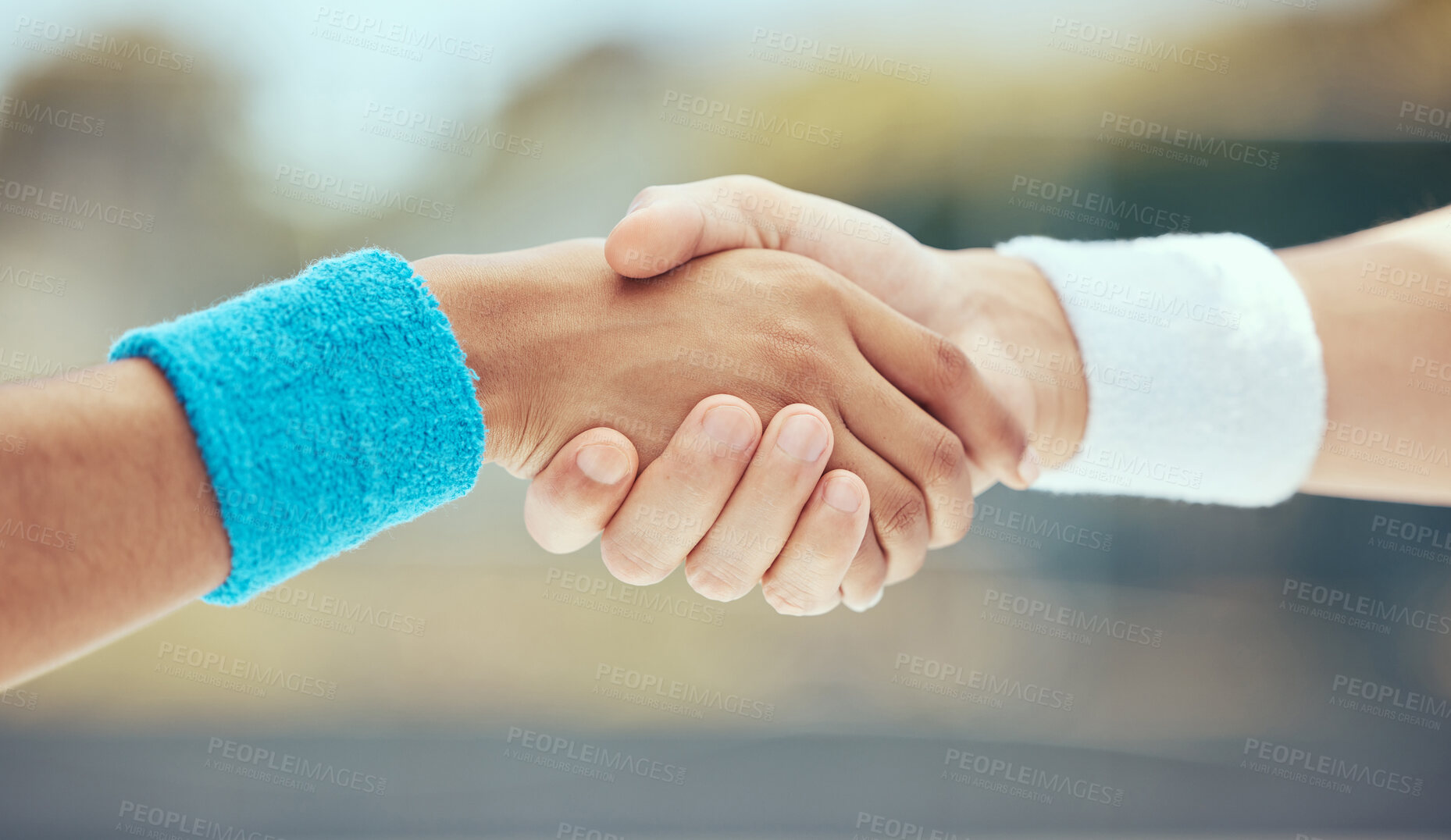 Buy stock photo Handshake, teamwork and sport with the hands of sports people in collaboration outside after a game or match. Sportsmanship, fitness and exercise with friends playing or competing outdoors in the day