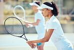 Sports woman on court, tennis match together and fitness exercise. Training practice, teamwork motivation and strong young athlete. Game of mixed double, active focus and australia competition
