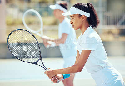Buy stock photo Sports woman on court, tennis match together and fitness exercise. Training practice, teamwork motivation and strong young athlete. Game of mixed double, active focus and australia competition