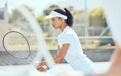 Buy stock photo Tennis, sport and exercise with a sports woman playing a game or match on a court outside. Fitness, training and workout with a young female athlete ready for health and recreation with focus