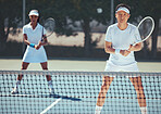Team of tennis player in competition on court, teamwork in sports game and training in collaboration for sport together in summer. Face portrait of athlete man and woman doing fitness exercise 