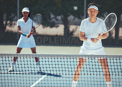 Buy stock photo Team of tennis player in competition on court, teamwork in action sports game and training in collaboration for sport together in summer. Portrait of athlete man and woman doing fitness exercise 