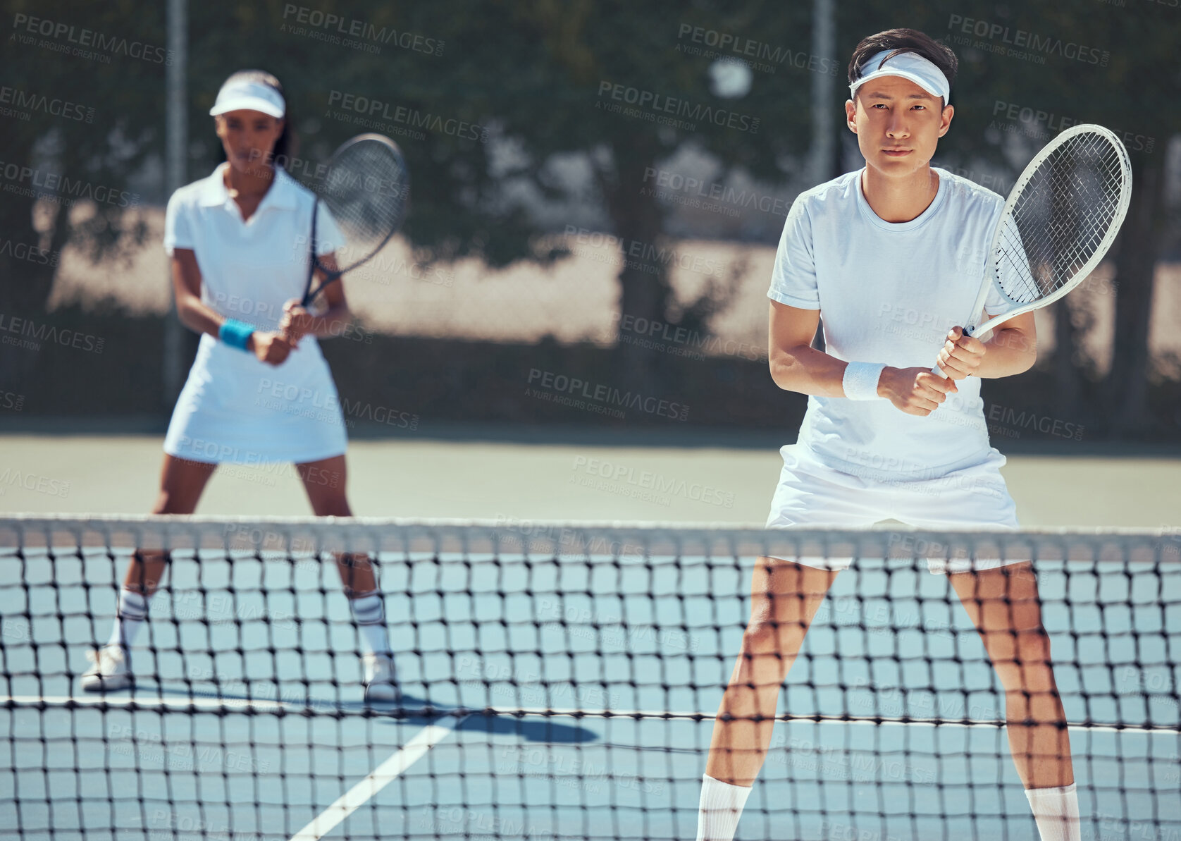Buy stock photo Team of tennis player in competition on court, teamwork in action sports game and training in collaboration for sport together in summer. Portrait of athlete man and woman doing fitness exercise 