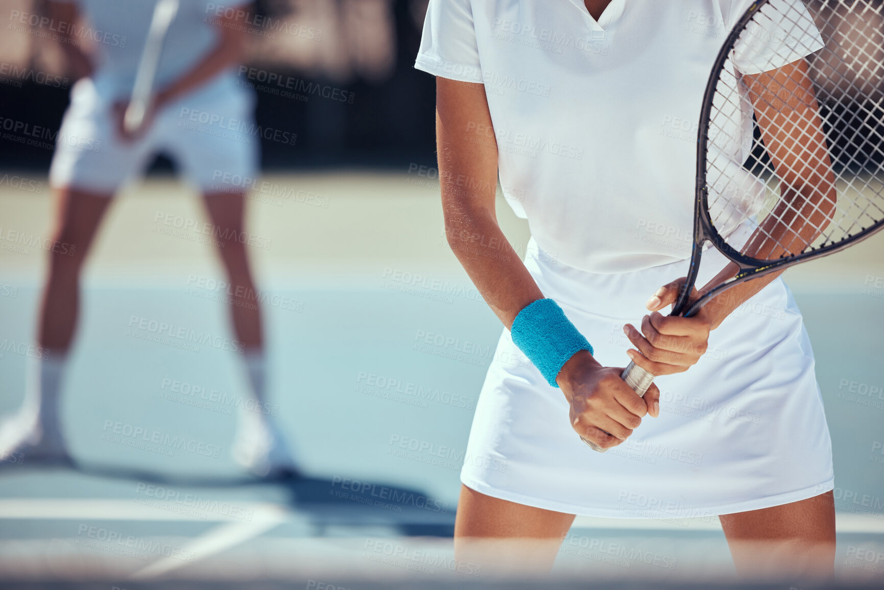 Buy stock photo Tennis player, sports woman and teamwork on a court in wellness exercise, training and health workout for competition match or game. Hands, racket and motivation for energy fitness players with coach