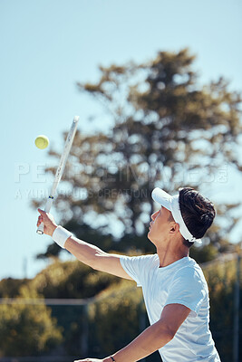 Buy stock photo Professional tennis player man, fitness athlete and sports playing match, action and game with racket outdoors. Competitive, motivation and young focus guy serve, hit and practice healthy training