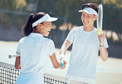 Buy stock photo Tennis, handshake and teamwork with a health athlete or coach shaking hands on a sports court, game or match. Fitness, workout and training with friends saying thank you, well done or congratulation