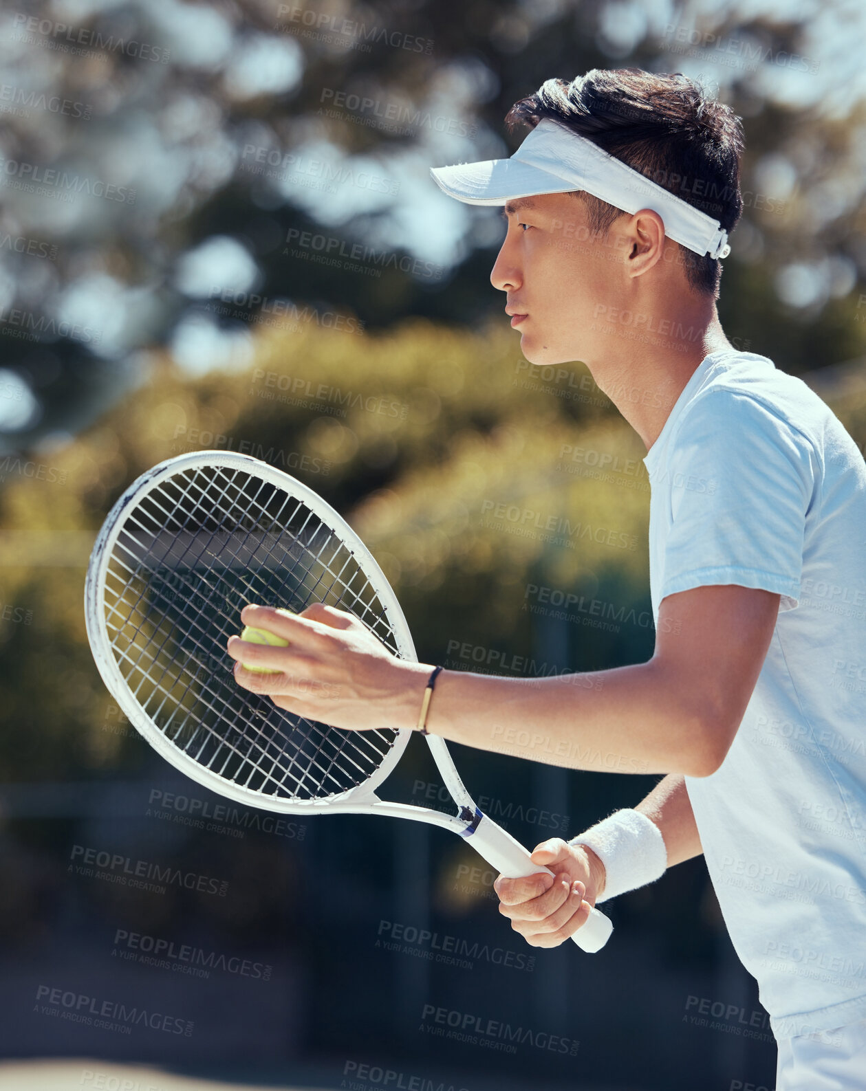 Buy stock photo Tennis player, sports game and Asian man training for sport competition on court, motivation for fitness exercise and strong for game in nature. Japanese athlete ready playing in professional event