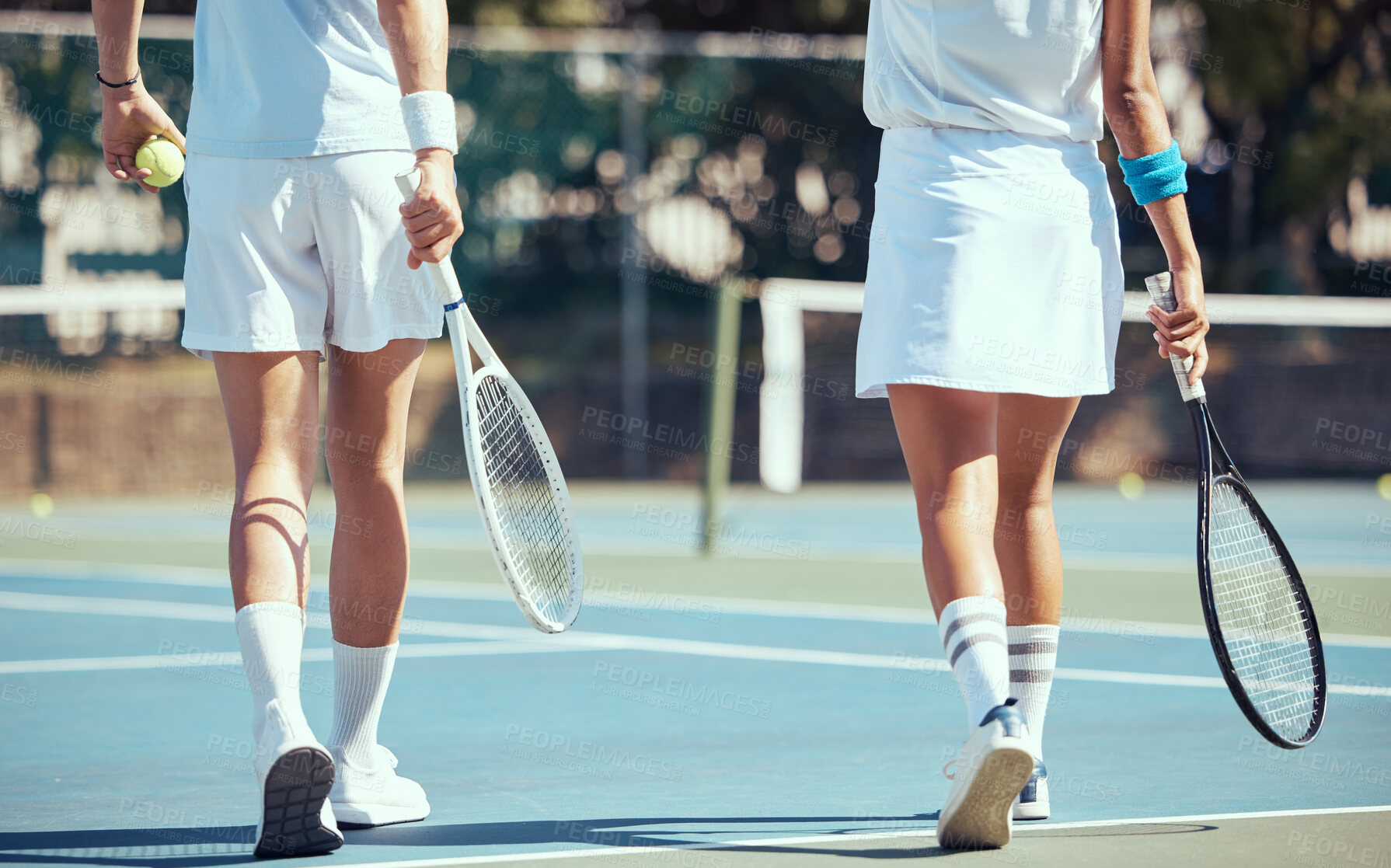 Buy stock photo Tennis, fitness and friends walking on court to start a competitive game outdoors in summer together. Sports, woman and players ready for cardio workout, training and healthy exercise at country club