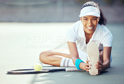 Buy stock photo Tennis, exercise and fitness with a sports woman stretching to warmup for a game or match on a court outside. Training, workout and health with a female athlete getting ready to start a routine