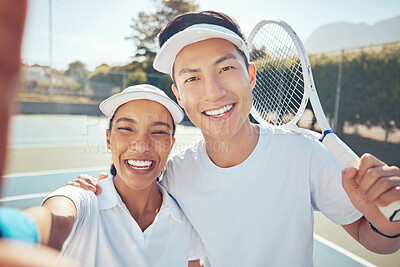 Buy stock photo Selfie, tennis and friends with a man and woman taking a photograph on a sports court after a game or match. Training, exercise and workout with a young male and female training in sport for health